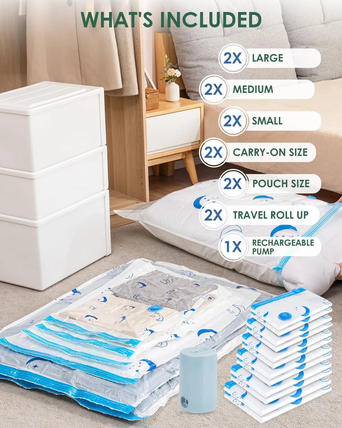 Vacuum Storage Bags with Electric Pump, 35 Pack Vacuum Sealed Bag with 1500mAh Rechargeable Battery for Clothes, Blanket, Duvets, Pillows, Comforters, Travel