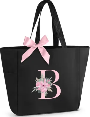 Vavabox Tote Bag, A-Z Initial Monogrammed Waterproof Tote Bag, Bridesmaid Gifts for Women, Black and Pink