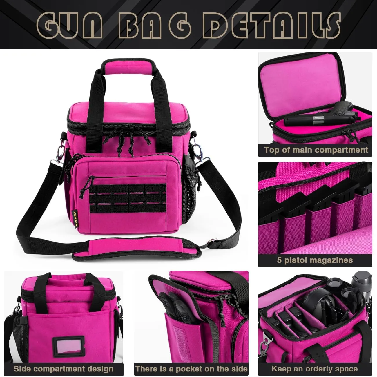 VEAGIA Tactical Range Bag,Pistol Case,Soft Gun Case Range Bags For Handguns And Ammo Safe Lockable Double Layer Explosion Proof Zipper Multi Pistol Carrying Bags (Pink)