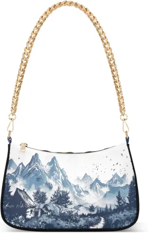 Village and Mountains Shoulder Bag for Women, Handbag with Chain Strap, Soft Purse Tote Bag for Ladies