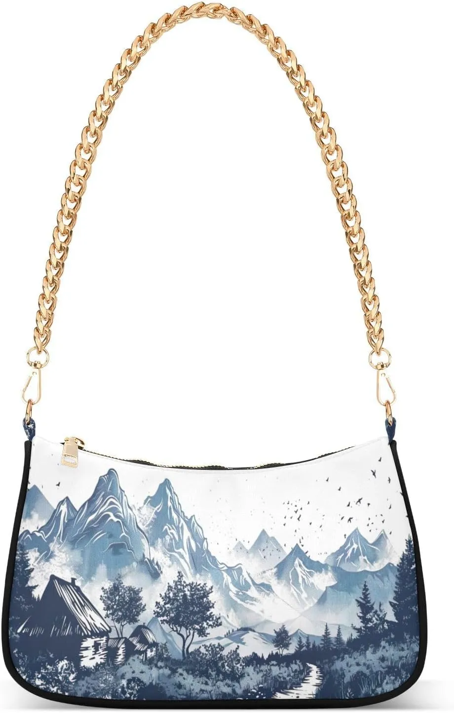 Village and Mountains Shoulder Bag for Women, Handbag with Chain Strap, Soft Purse Tote Bag for Ladies