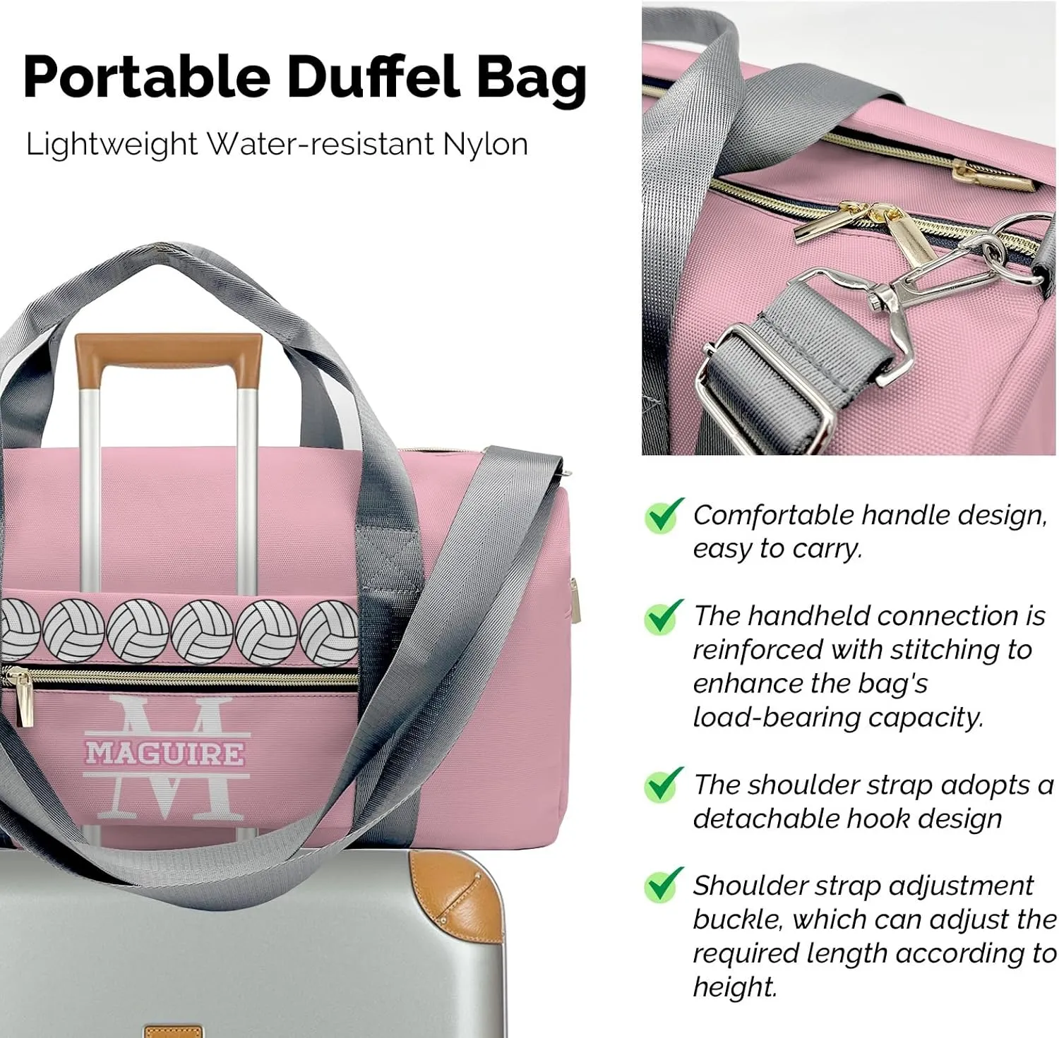 Volleyball Monogram Pink Personalized Duffel Bag with Name Custom Travel Bag for Women Men Sports Gym Dance Bags Wet Dry Pockets Shoes Compartment Overnight Weekend Bag Gift