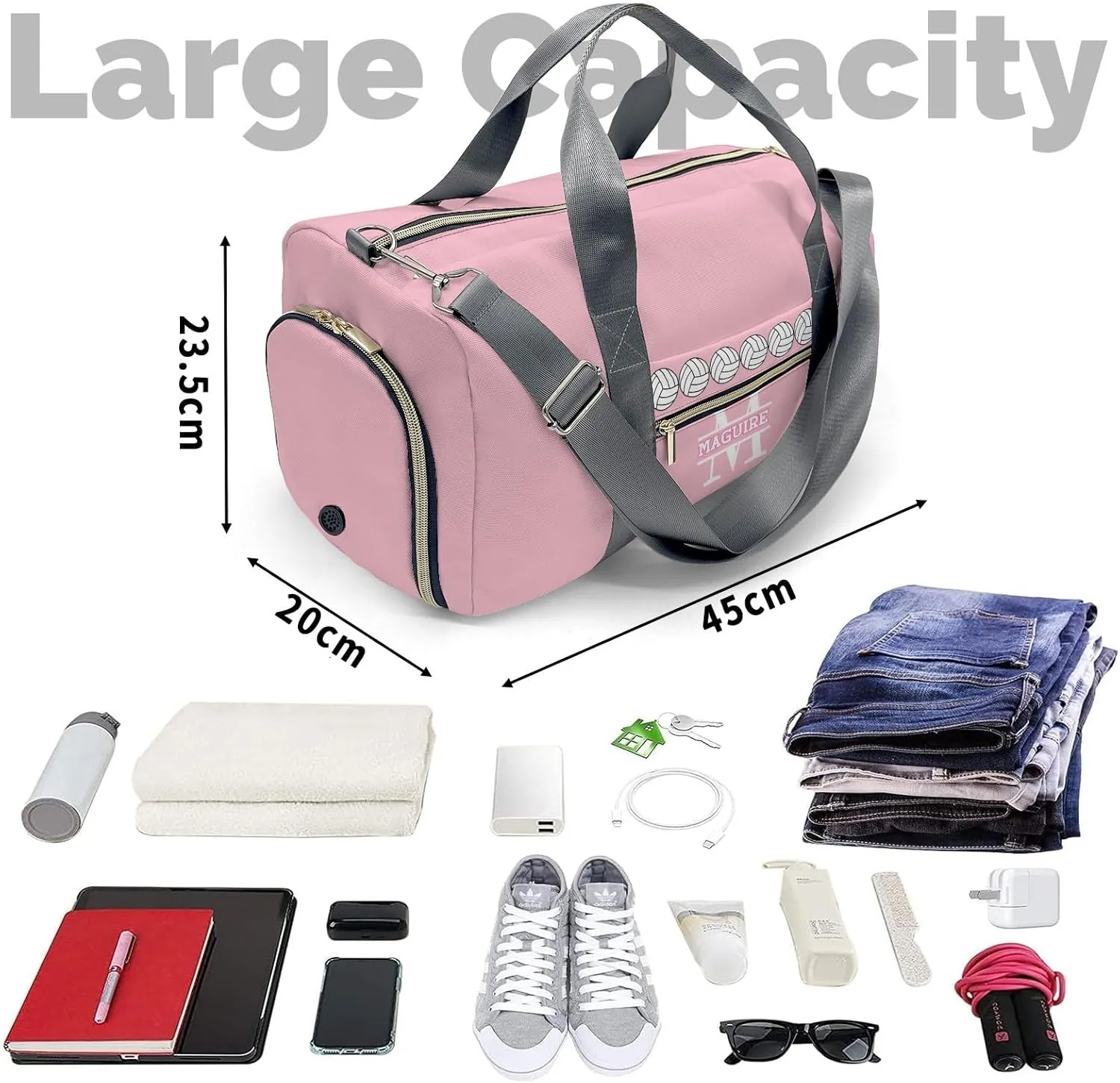 Volleyball Monogram Pink Personalized Duffel Bag with Name Custom Travel Bag for Women Men Sports Gym Dance Bags Wet Dry Pockets Shoes Compartment Overnight Weekend Bag Gift