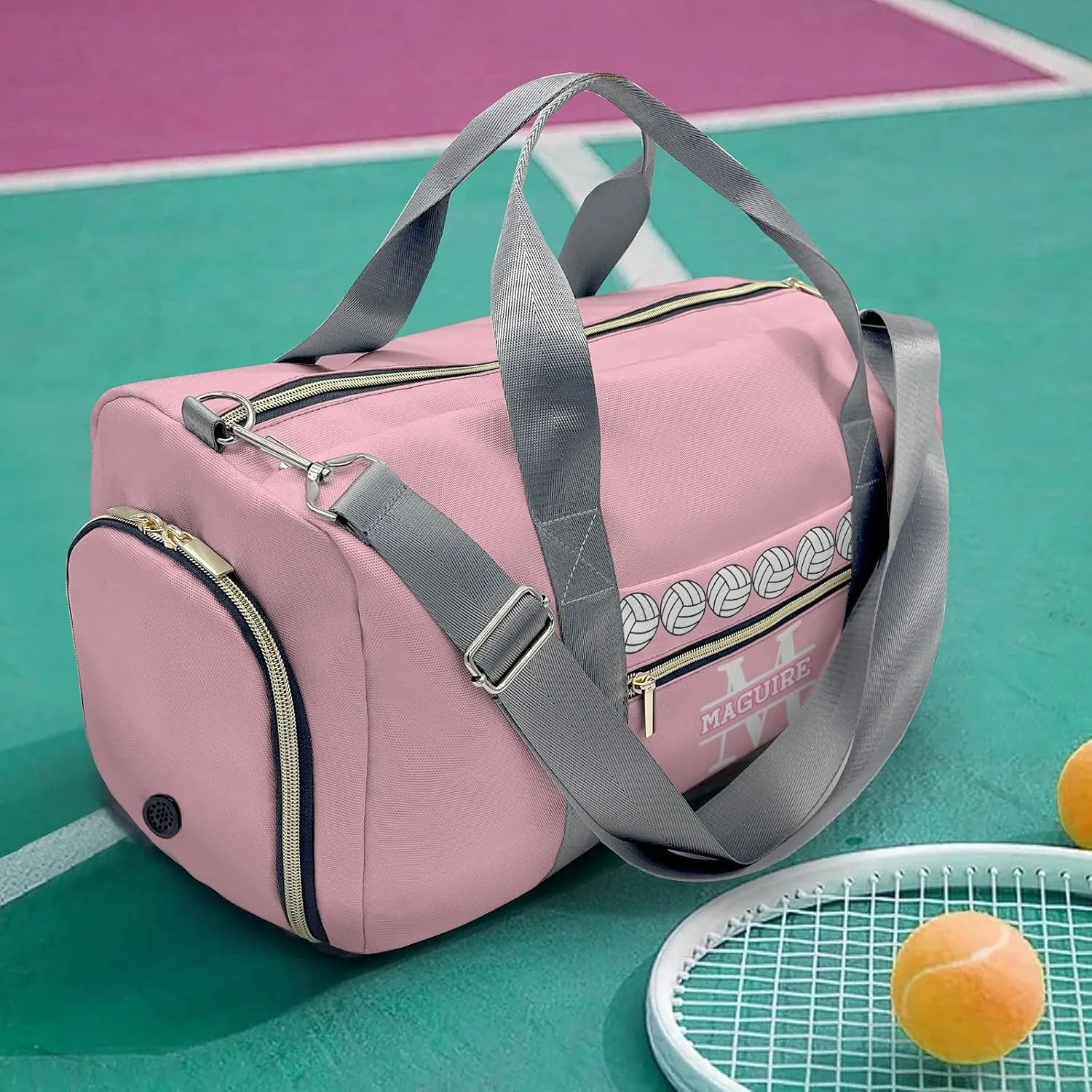 Volleyball Monogram Pink Personalized Duffel Bag with Name Custom Travel Bag for Women Men Sports Gym Dance Bags Wet Dry Pockets Shoes Compartment Overnight Weekend Bag Gift