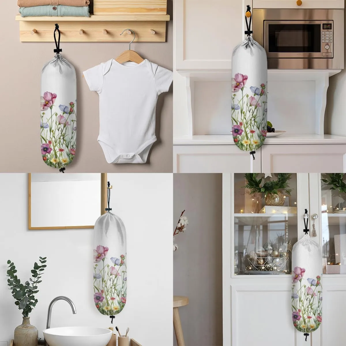 Wall Mount Grocery Bag Organizer 2-Pack Waterproof Reusable Trash Bag Holder Wildflower and Farmhouse