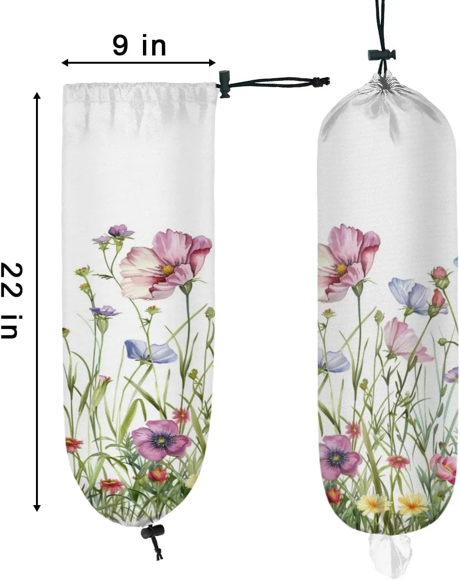 Wall Mount Grocery Bag Organizer 2-Pack Waterproof Reusable Trash Bag Holder Wildflower and Farmhouse