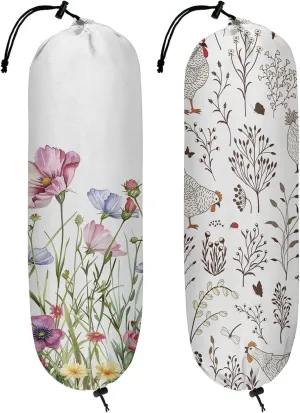 Wall Mount Grocery Bag Organizer 2-Pack Waterproof Reusable Trash Bag Holder Wildflower and Farmhouse