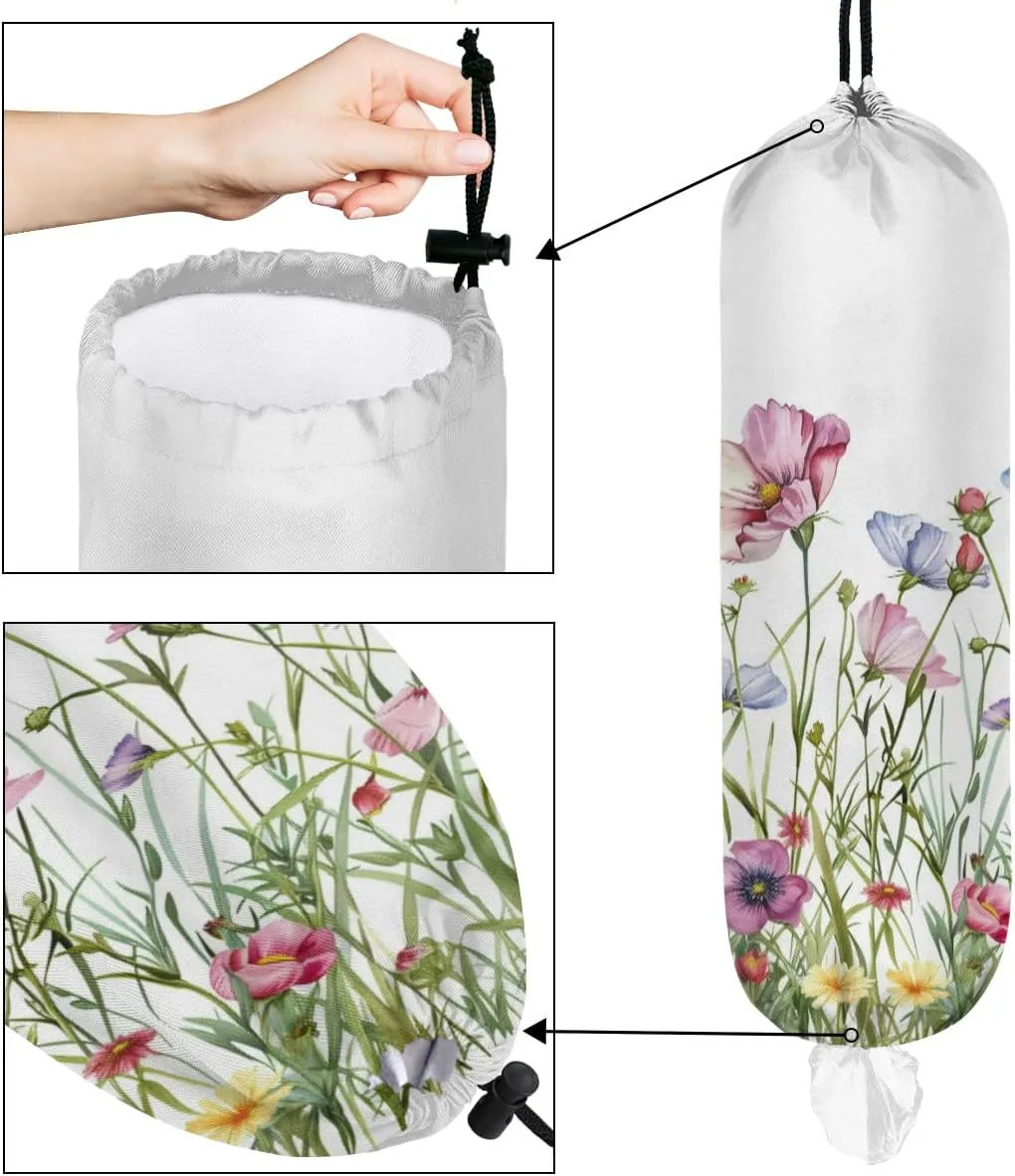 Wall Mount Grocery Bag Organizer 2-Pack Waterproof Reusable Trash Bag Holder Wildflower and Farmhouse