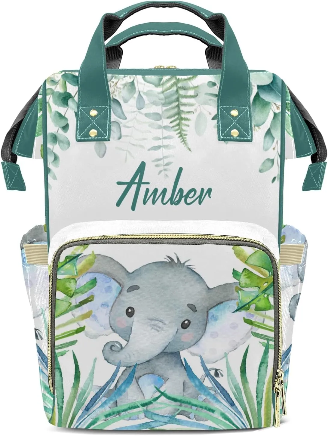 Watercolor Elephant Leaf Diaper Bags Custom Name Backpack Personalized Baby Nappy Travel Tote Bag for Mom Gift