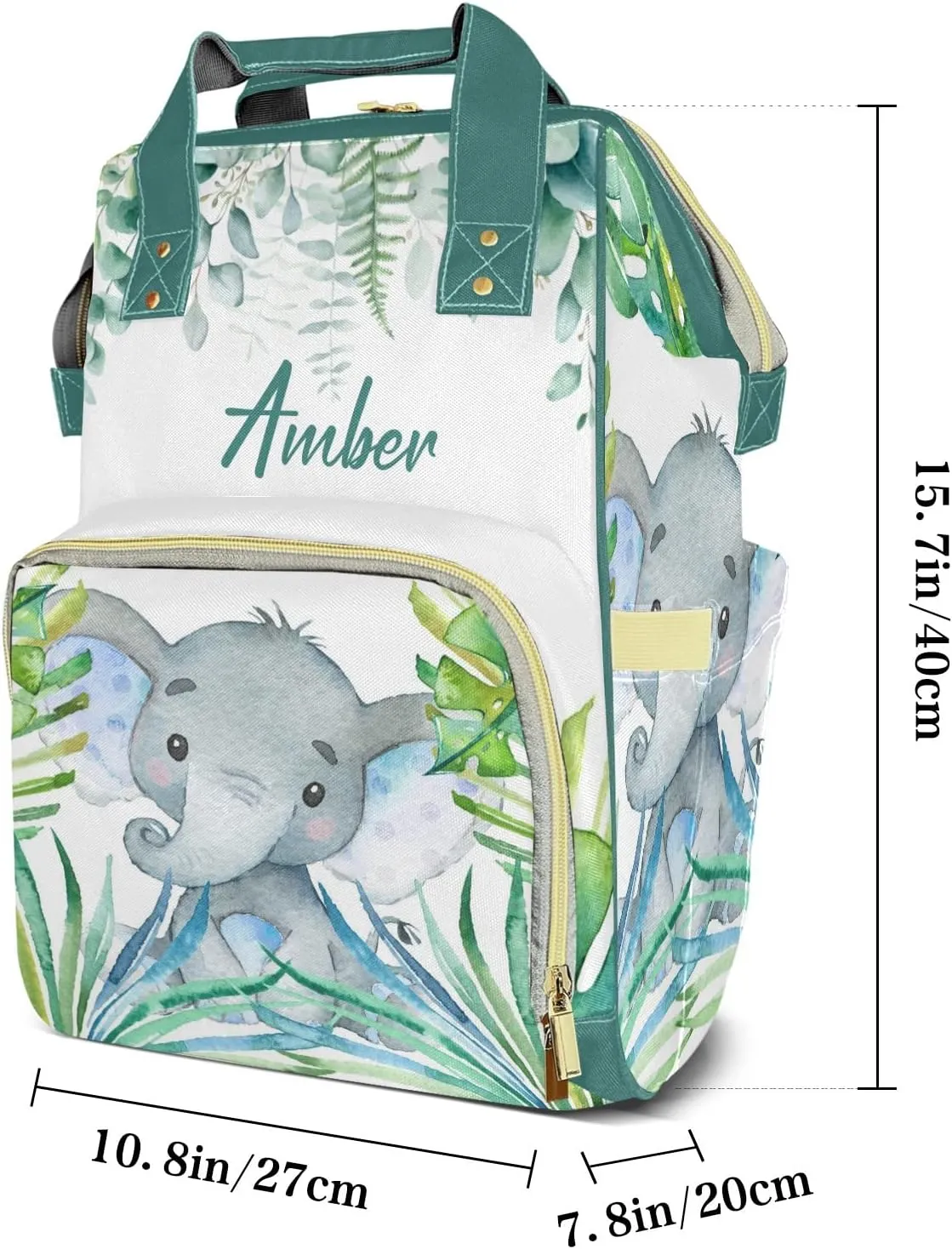 Watercolor Elephant Leaf Diaper Bags Custom Name Backpack Personalized Baby Nappy Travel Tote Bag for Mom Gift
