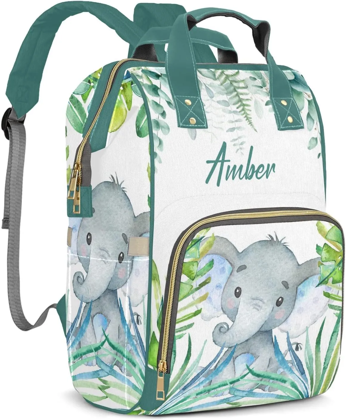 Watercolor Elephant Leaf Diaper Bags Custom Name Backpack Personalized Baby Nappy Travel Tote Bag for Mom Gift
