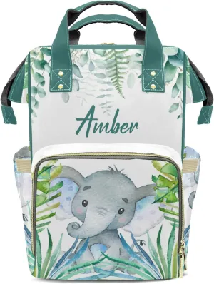 Watercolor Elephant Leaf Diaper Bags Custom Name Backpack Personalized Baby Nappy Travel Tote Bag for Mom Gift