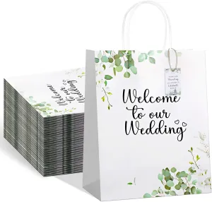 Watersay 50 Set Wedding Welcome Gift Paper Bags with Tags for Hotel Guests Wedding Party Favors Supplies, 8.3 x 4.3 x 10.6 Inch