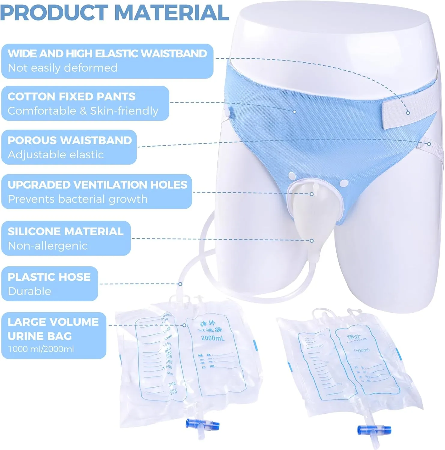 Wearable Urinal for Men,Protable Male Urine Collection Bag，Reusable Silicone Urine Bag,Urinary Drainage Bag System,Elderly Urinal with Urine Bags(2000 ML*1 1000 ML*1) for Bedridden Patients