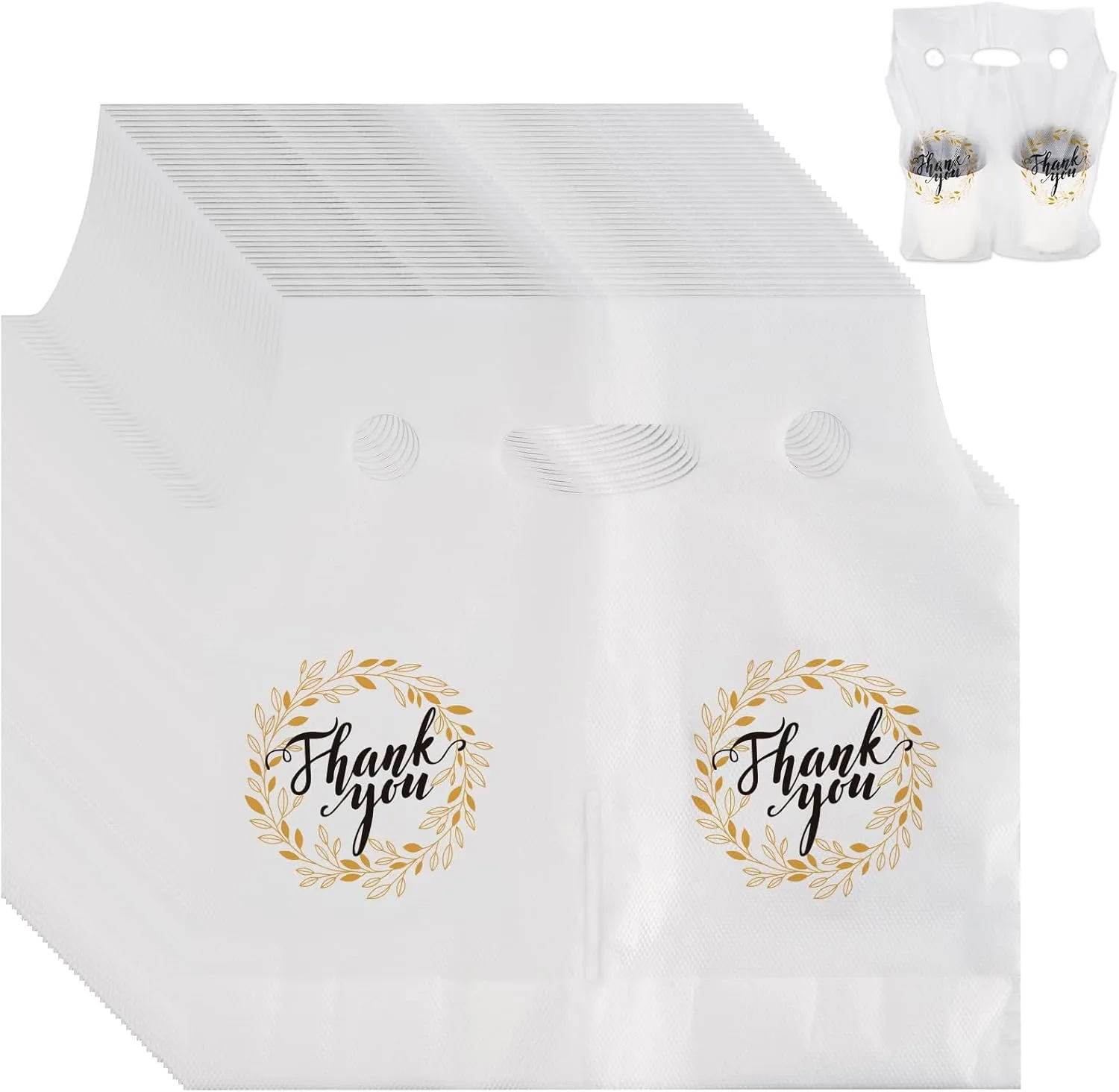 Whaline 1000 Count Thank You Handle Drinking Bags 2 Cups Clear Plastic Packaging Poly Bags for Delivery Take Out Cup Holder Beverage Coffee Tea, 11 x 12.2 Inch