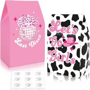 Whaline 24Pcs Disco Cowgirl Party Favor Bag Last Disco Party Gift Bag with Sticker Pink Black Paper Goodie Bag Retro Treat Bag for 70s 80s Disco Dance Bridal Shower Wedding Bachelorette Party Supplies