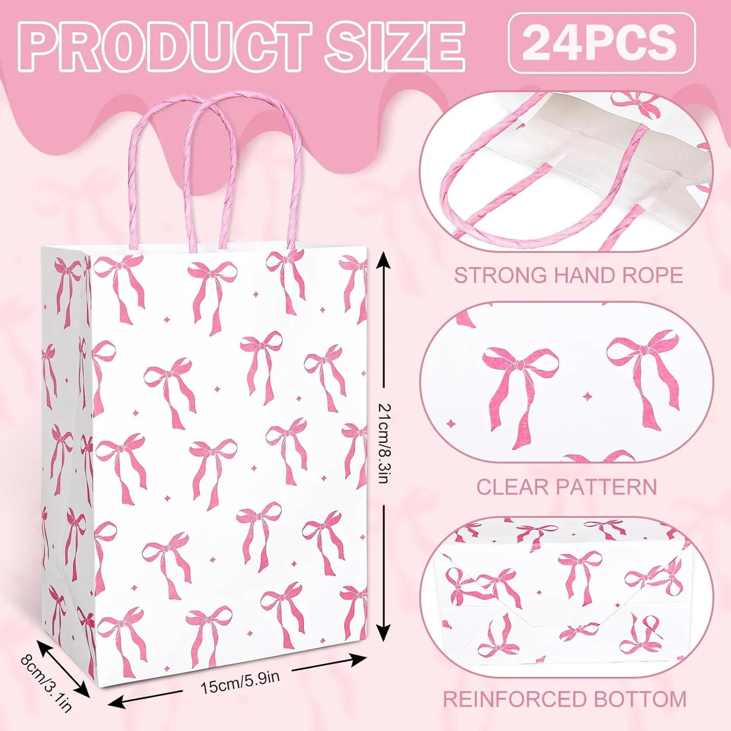 Whaline 24Pcs Pink Bow Paper Gift Bags with Handles Coquette Bowknot Candy Treat Bag Goodie Favor Bags for Mother's Day Wedding Birthday Baby Bridal Shower, 5.9 x 3.1 x 8.3 Inch