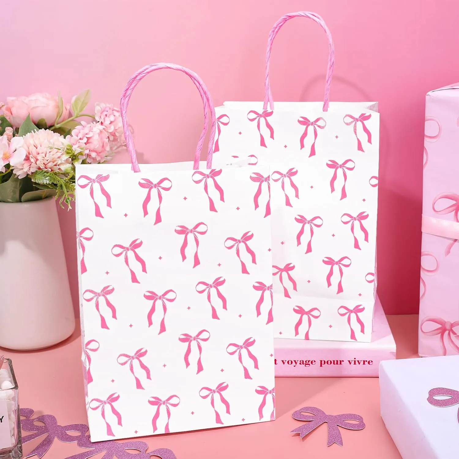 Whaline 24Pcs Pink Bow Paper Gift Bags with Handles Coquette Bowknot Candy Treat Bag Goodie Favor Bags for Mother's Day Wedding Birthday Baby Bridal Shower, 5.9 x 3.1 x 8.3 Inch