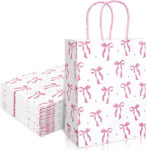 Whaline 24Pcs Pink Bow Paper Gift Bags with Handles Coquette Bowknot Candy Treat Bag Goodie Favor Bags for Mother's Day Wedding Birthday Baby Bridal Shower, 5.9 x 3.1 x 8.3 Inch