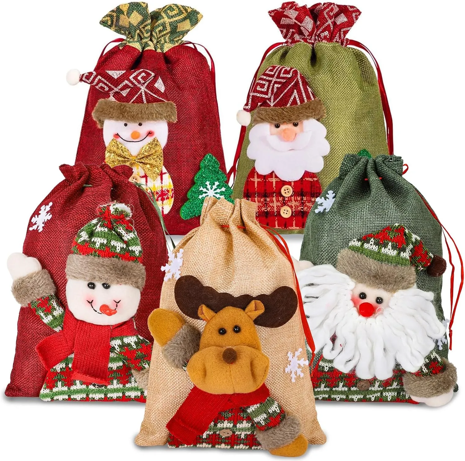 Whaline 3D Xmas Gift & Party Favor Bags Drawstring Handle Xmas Treat Pouch, Snowman Red - 8 x 11in, 8 x 12in (5 Pack)