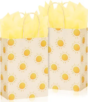Whaline Boho Sun Party Favor Bag with 20Pcs Yellow Tissue Paper First Trip Around The Sun Gift Candy Treat Bag with Handles for Baby Shower Birthday, 12Pcs