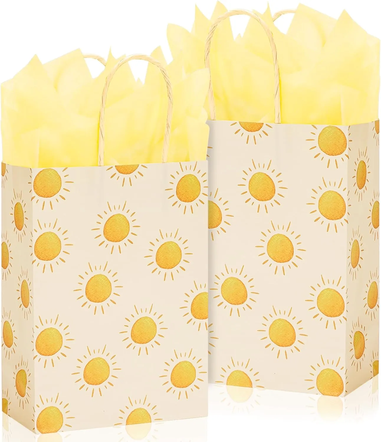 Whaline Boho Sun Party Favor Bag with 20Pcs Yellow Tissue Paper First Trip Around The Sun Gift Candy Treat Bag with Handles for Baby Shower Birthday, 12Pcs