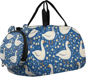 White Geese and Flowers Sports Duffle Bag for Teens Girls Boys, Gym Bag with Shoe Compartment, Kids Travel Overnight Weekender Shoulder Bag
