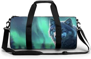 Wolf Northern Lights Novelty Large Duffel Bag Lightweight Gym Bag Travel Tote Bags