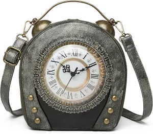 Women Classic Retro Clock Shaped Crossbody Shoulder Bag Handbag PVC Unique Novelty Clock Purse