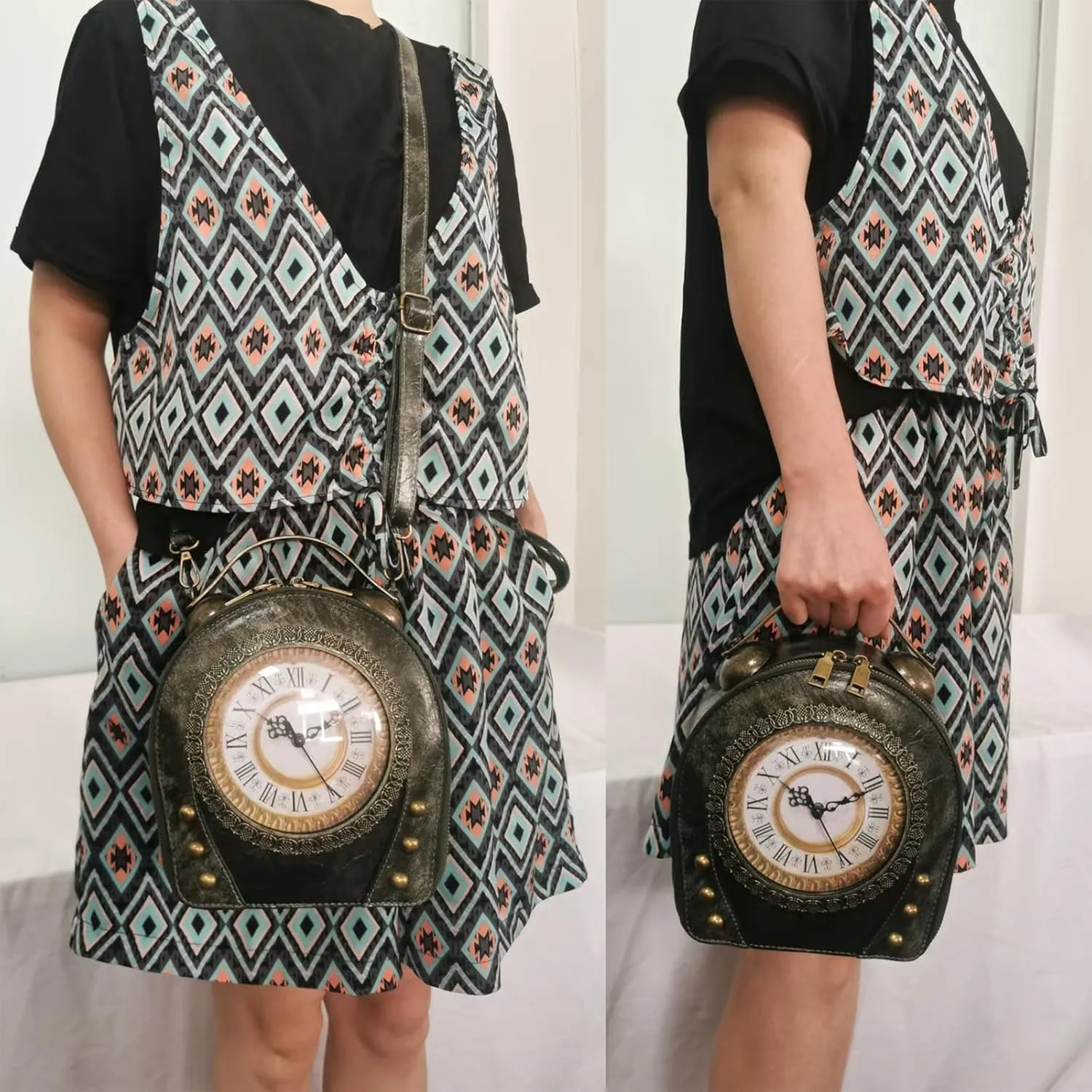 Women Classic Retro Clock Shaped Crossbody Shoulder Bag Handbag PVC Unique Novelty Clock Purse