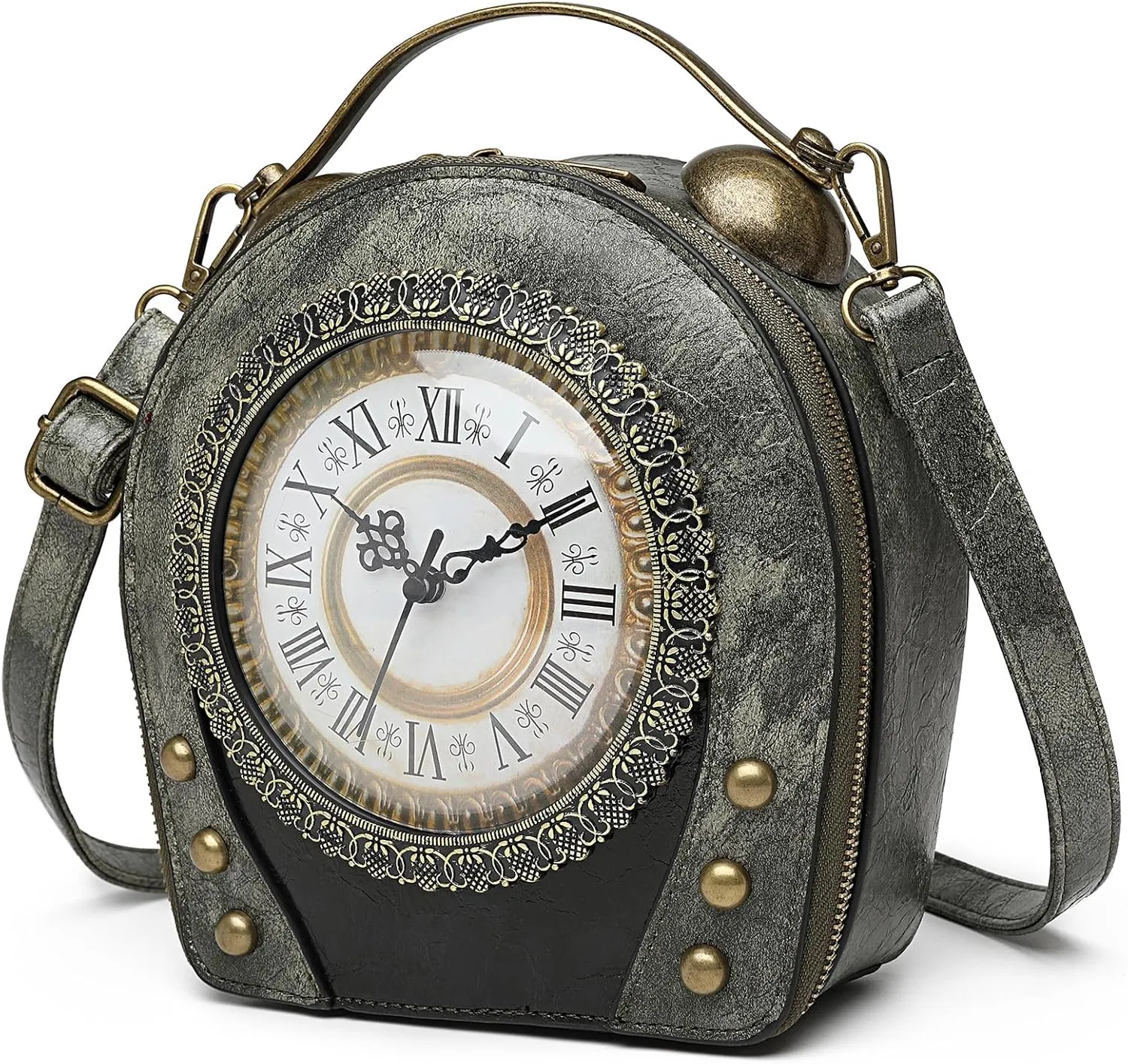 Women Classic Retro Clock Shaped Crossbody Shoulder Bag Handbag PVC Unique Novelty Clock Purse