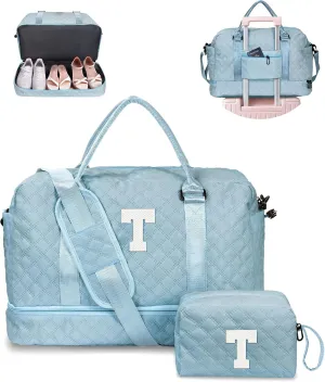Women Gifts-Duffle Bags with Shoe Compartment, Personalized Weekender Bag, Overnight Bag, Tween Travel Bag with Makeup Bag，Birthday Gift Graduate Gifts for Her (Letter T)