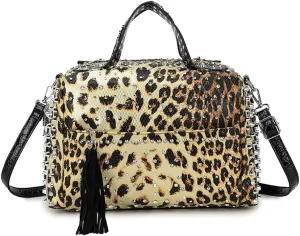 Women Rivet Top-handle Satchel PU Tote Purse Snake Pattern Shoulder Bags Handbag