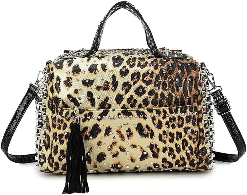 Women Rivet Top-handle Satchel PU Tote Purse Snake Pattern Shoulder Bags Handbag
