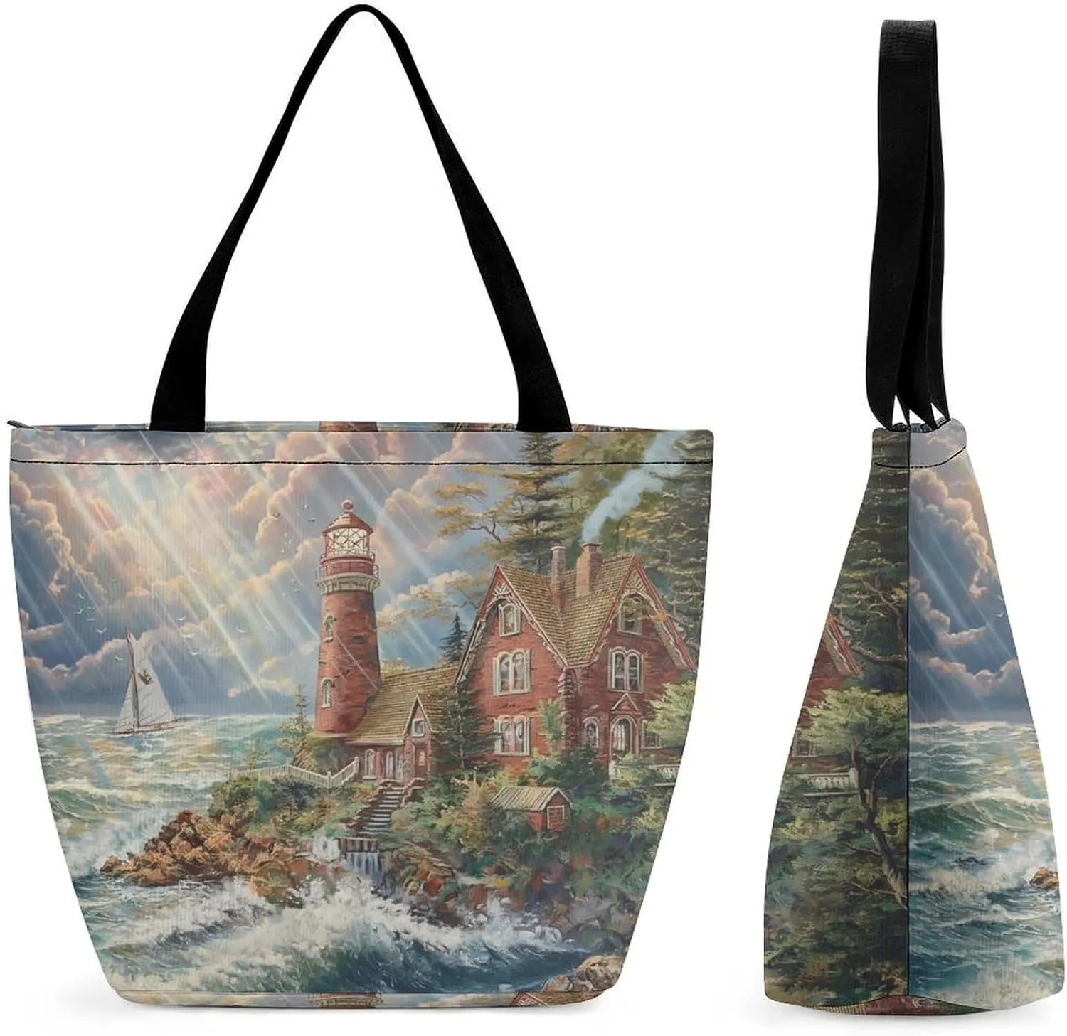 Women's Handbags Lighthouse Coast Landscape Shopping Bag Leather Tote Bag Satchel Bags