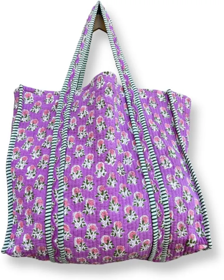 Women's Quilted Cotton Tote Bag Handprinted Reversible Hand Block Print Shoulder Bag Women Handbag Traveling Bag