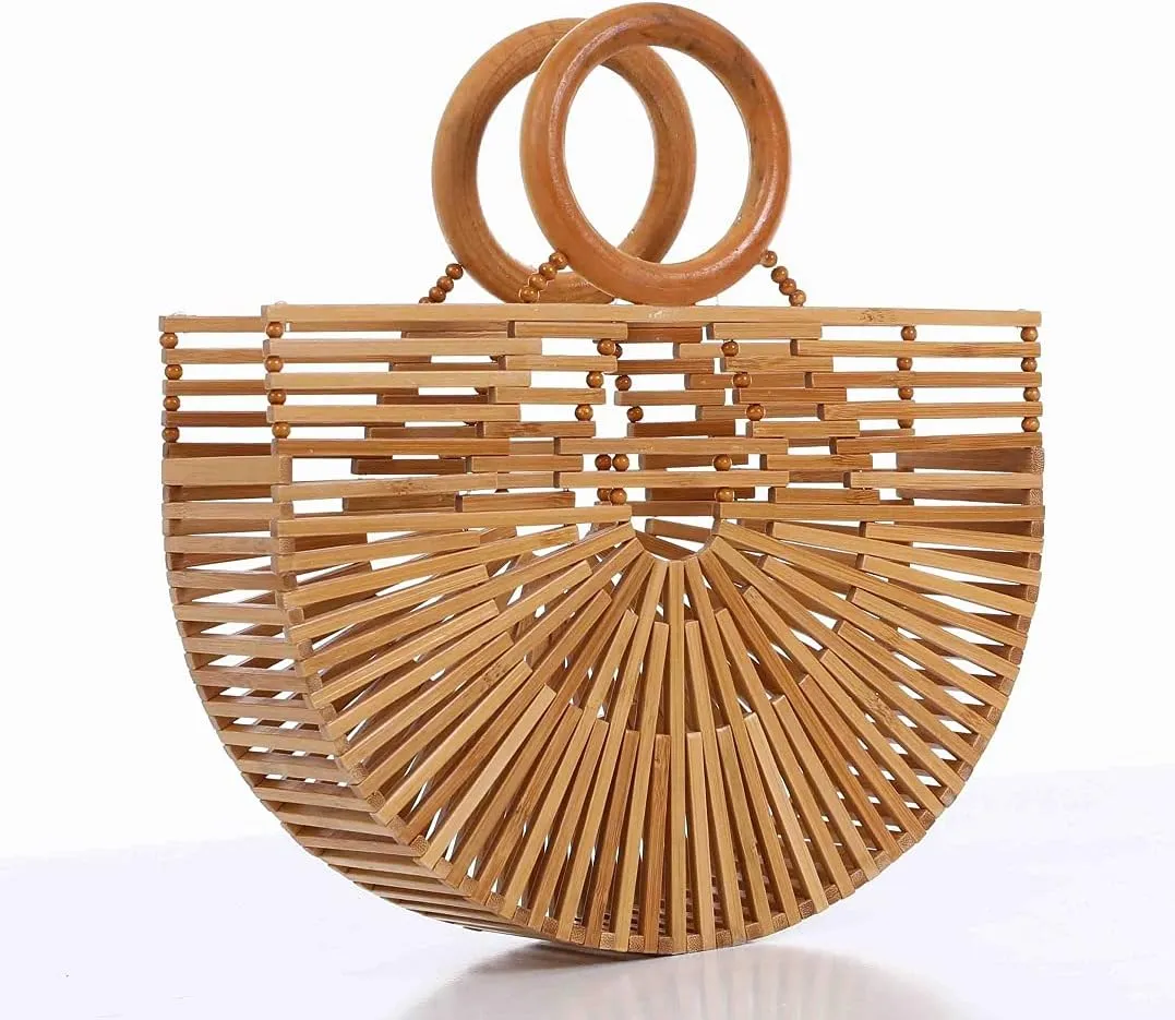 Women's Top Handle Bamboo Handbag Summer Beach Tote Bag, Natural Bamboo Handmade Purse