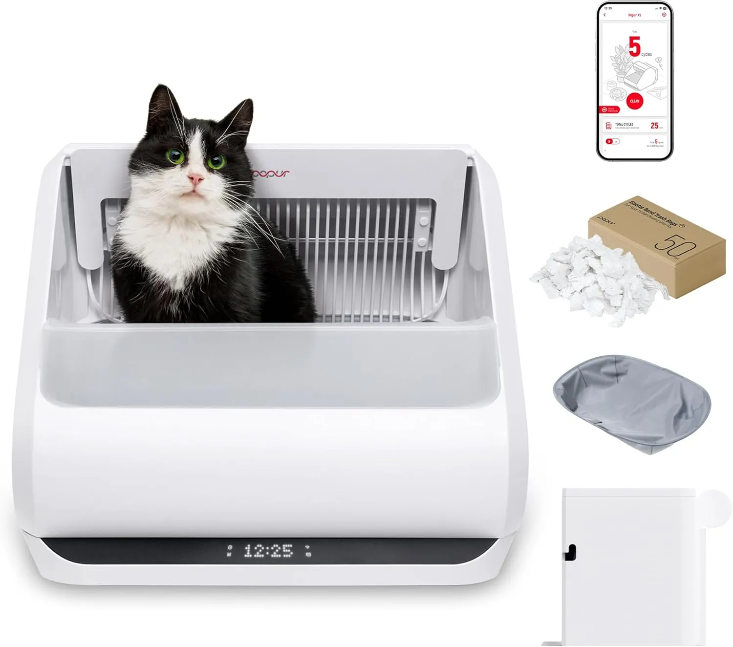 X5 Cat Robot Kitty Litter Box Automatic Self Cleaning for Multiple Large Cats - Core Bundle Best Value Includes Smart Sifting Litter Pan, Odor Control Plastic Waste Bin, Extra Liner & Trash Bags