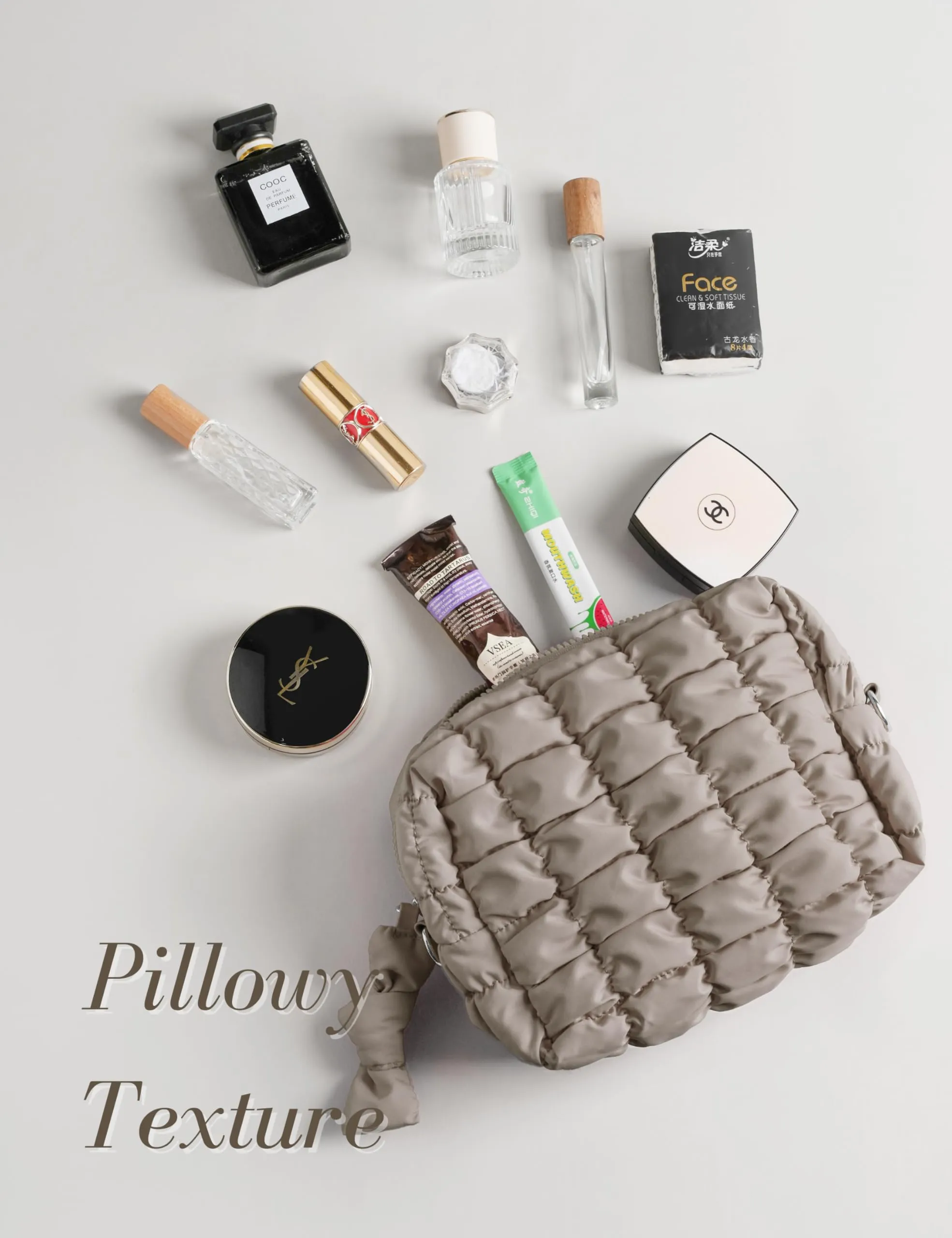 Yarnic Quilted Makeup Bag Puffy Cosmetic Bag, Travel Toiletry Bag for Women, Cute Makeup Bag Organizer Puffer Makeup Pouch (M, Taupe)