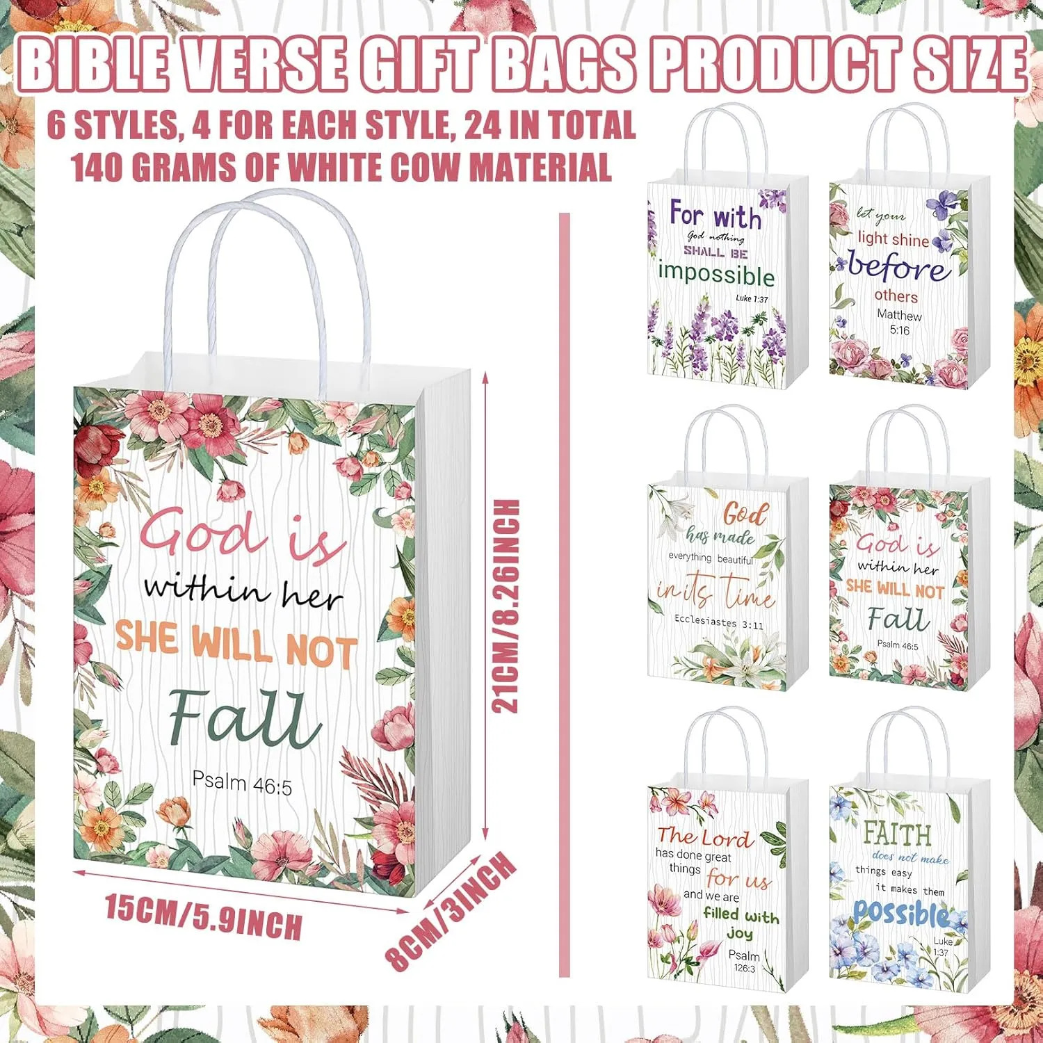 Yeaqee 24 Pcs Mother's Day Religious Gift Bags Bible Verse Treat Inspirational Flower Paper Bags with Handles Christian Church Gifts in Bulk for Women Wedding Birthday First Communion Baptism