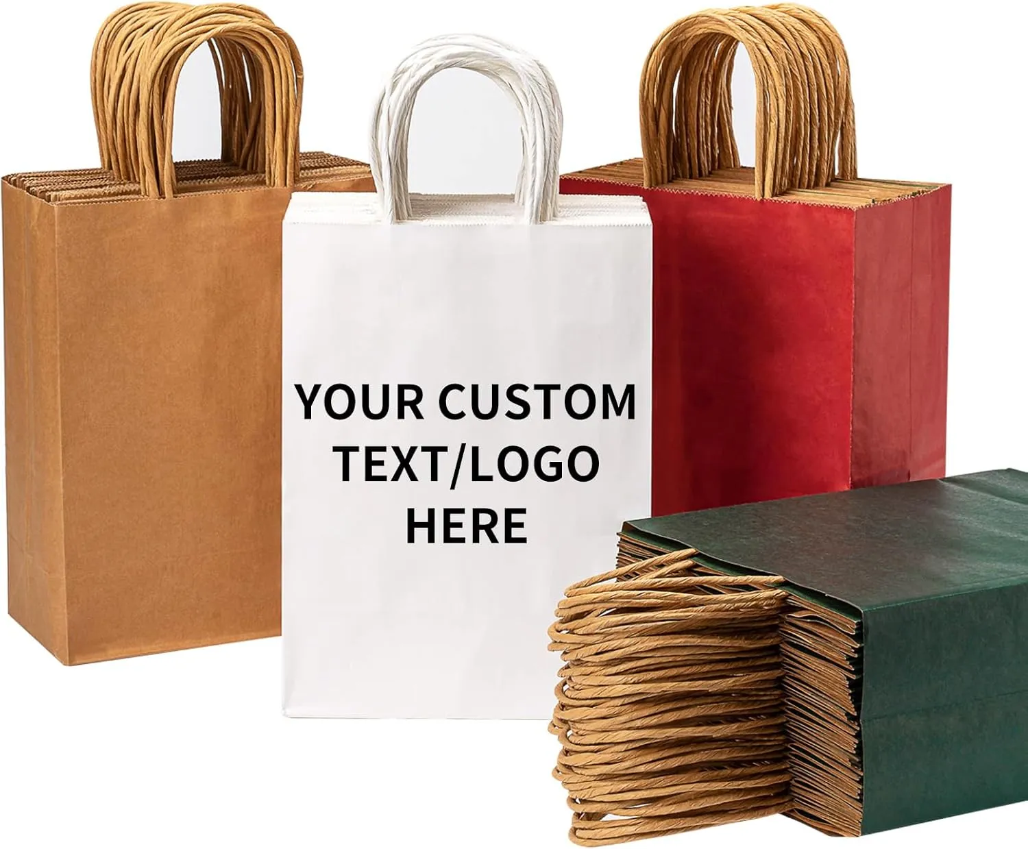 YEEHAW Personalized Custom Paper Bags, 50 Custom Printed Kraft Paper Bags for Small Business, 8x4.5x10.8 Inch Medium Size, DIY Retail Gift Bags with Logo, Brown Shopping Paper bag with Handle, Goodie