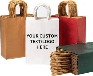 YEEHAW Personalized Custom Paper Bags, 50 Custom Printed Kraft Paper Bags for Small Business, 8x4.5x10.8 Inch Medium Size, DIY Retail Gift Bags with Logo, Brown Shopping Paper bag with Handle, Goodie