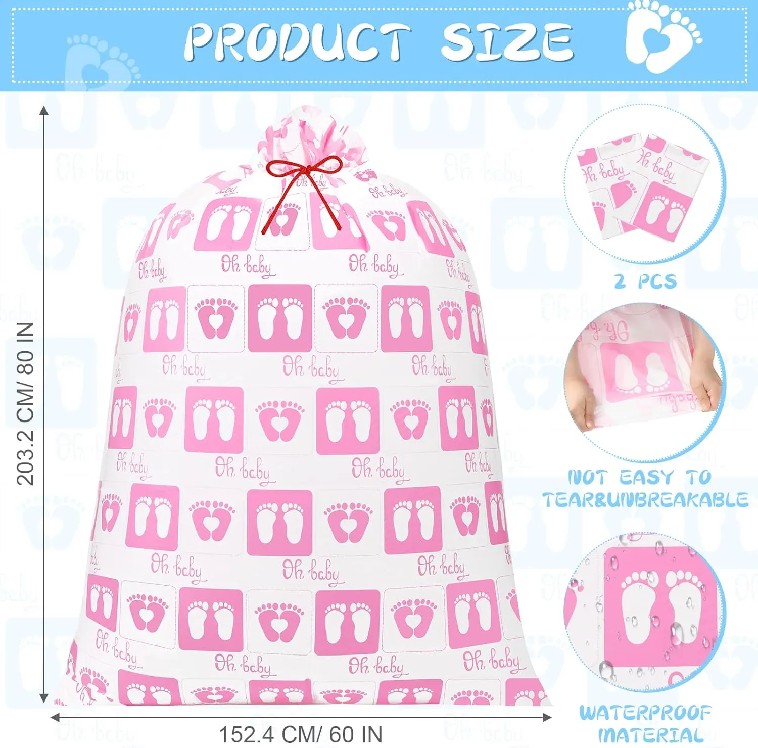 Yingzhao 2 Pcs 80 x 60 in Jumbo Bike Gift Bags Extra Large Baby Footprint Plastic Present Bicycle Bags Birthday Gift Sack for Girl Boy Birthday Party Baby Shower(Pink)