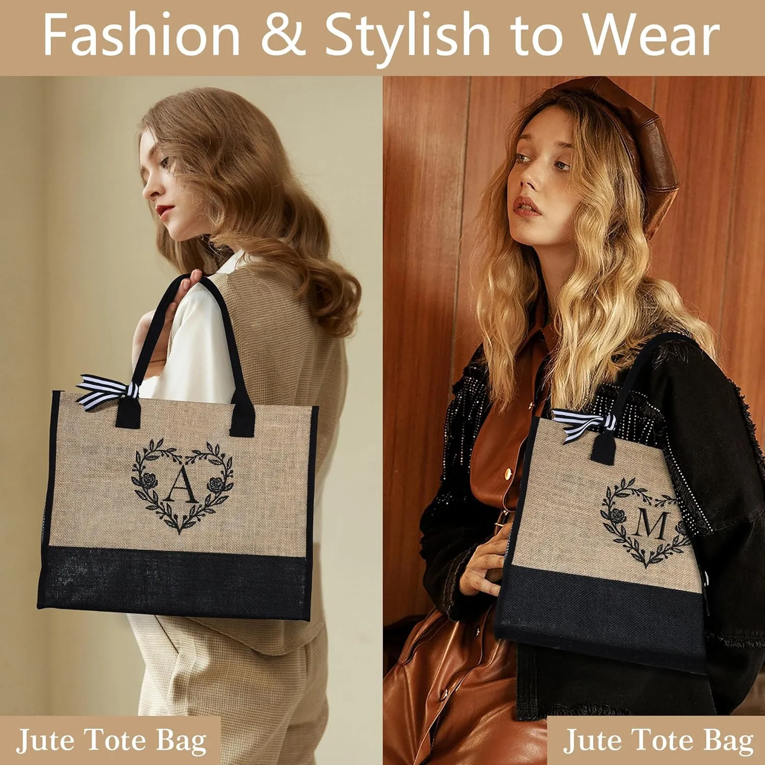 YOOLIFE Mothers Day Gifts for Mom, Gifts for Women Personalized Initial Beach Tote Bag for Women Birthday Gift for Friend Teacher Sister Mom Daughter Grandma Mothers Day Gift Basket Letter M