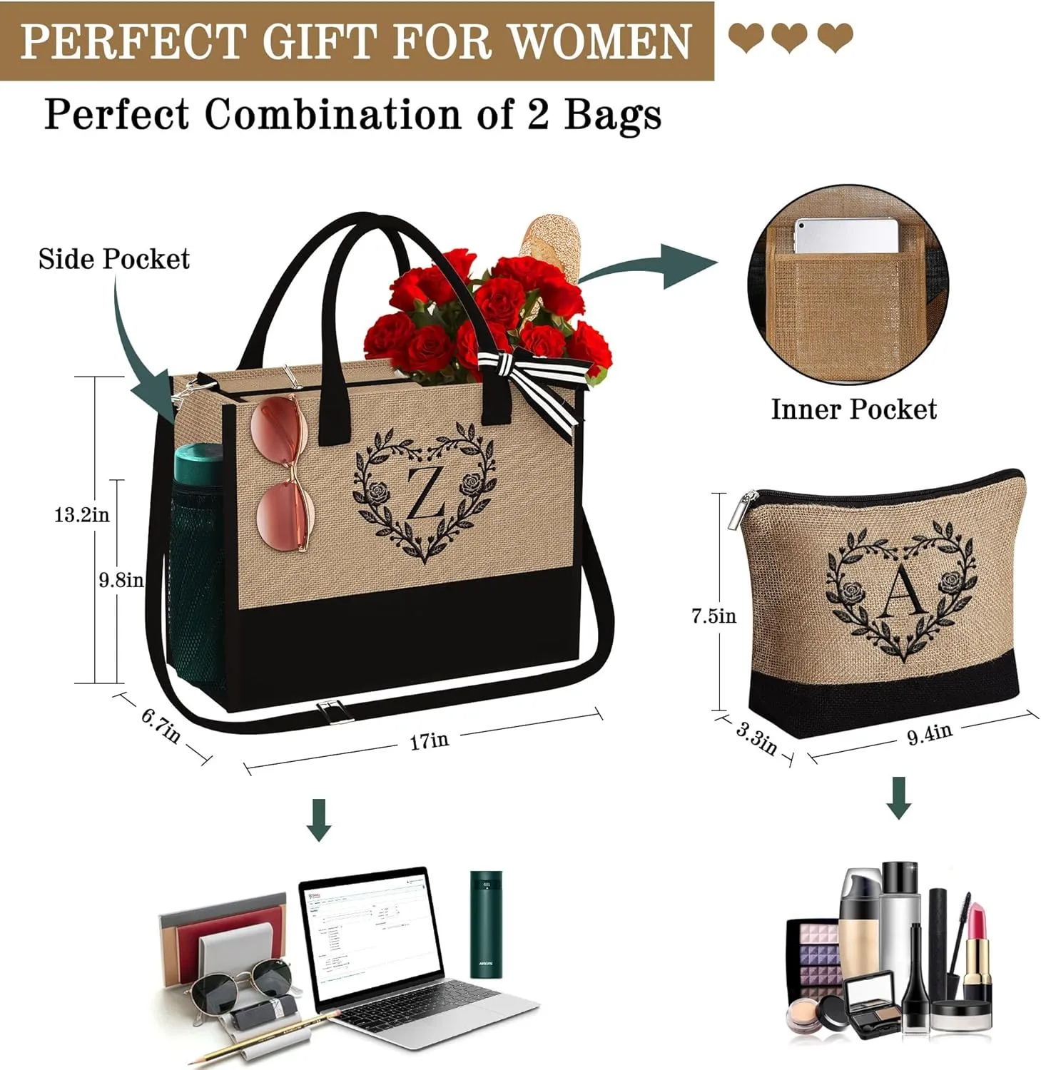 YOOLIFE Mothers Day Gifts for Mom, Gifts for Women Personalized Initial Beach Tote Bag for Women Birthday Gift for Friend Teacher Sister Mom Daughter Grandma Mothers Day Gift Basket Letter M