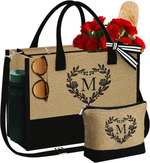 YOOLIFE Mothers Day Gifts for Mom, Gifts for Women Personalized Initial Beach Tote Bag for Women Birthday Gift for Friend Teacher Sister Mom Daughter Grandma Mothers Day Gift Basket Letter M