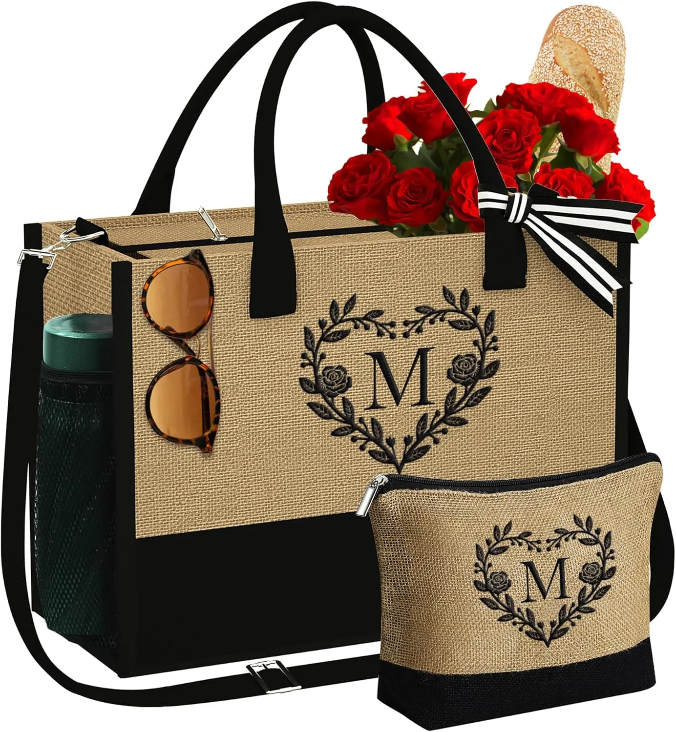 YOOLIFE Mothers Day Gifts for Mom, Gifts for Women Personalized Initial Beach Tote Bag for Women Birthday Gift for Friend Teacher Sister Mom Daughter Grandma Mothers Day Gift Basket Letter M