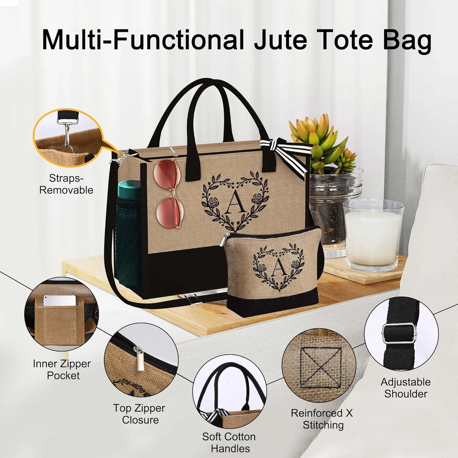 YOOLIFE Mothers Day Gifts for Mom, Gifts for Women Personalized Initial Beach Tote Bag for Women Birthday Gift for Friend Teacher Sister Mom Daughter Grandma Mothers Day Gift Basket Letter M