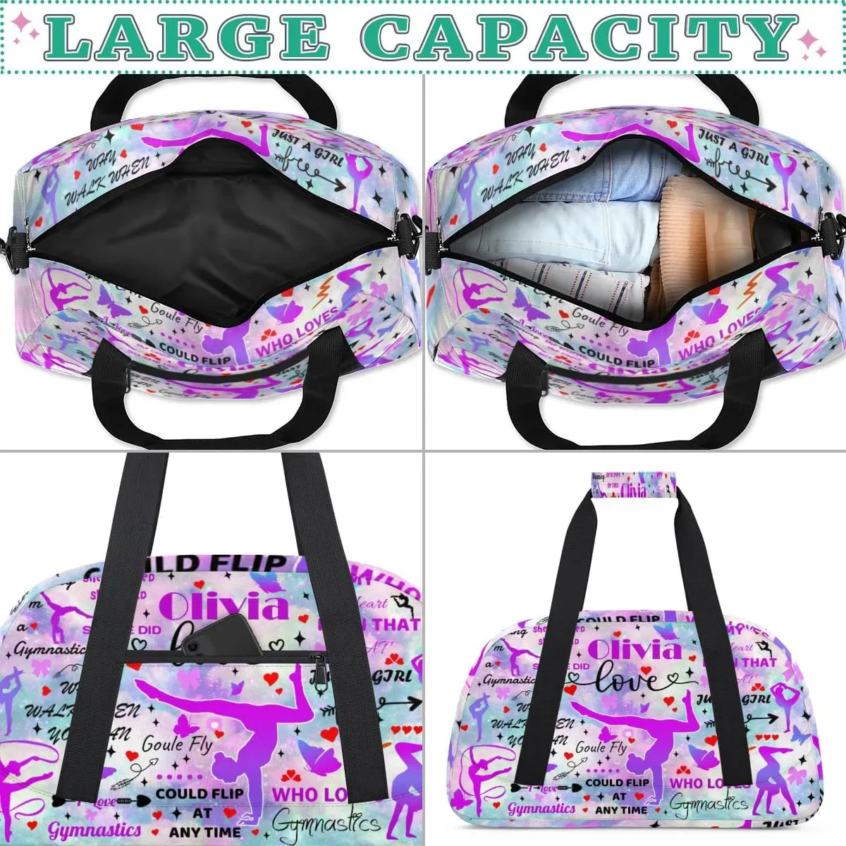 Yzrwebo Personalized Gymnastics Bag with Name for Women, Custom Gymnastics Gym Duffel Bag, Customized Sport Bag Travel Weekender Overnight Bags, Colorful Nebula
