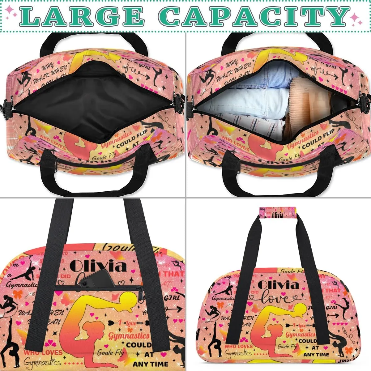 Yzrwebo Personalized Gymnastics Bag with Name for Women, Custom Gymnastics Gym Duffel Bag, Customized Sport Bag Travel Weekender Overnight Bags, Star Orange